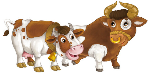 cartoon scene with happy farm animal cow and bul looking and smiling having fun together isolated illustration for children