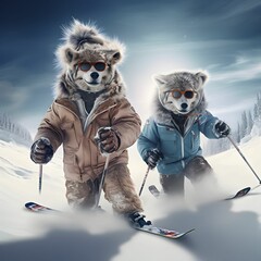 Wolves with skis on a snow track run downhill in a beautiful alpine landscape. Sports concept.