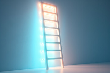 Glowing Ladder in Dark Room with Light Reflections on the Floor, Illuminated Art Installation