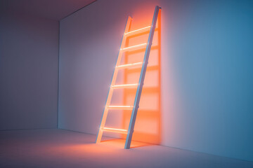 Glowing Ladder in Dark Room with Light Reflections on the Floor, Illuminated Art Installation