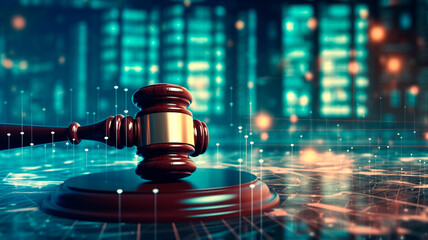 double exposure of abstract hologram of virtual justice and judge's gavel