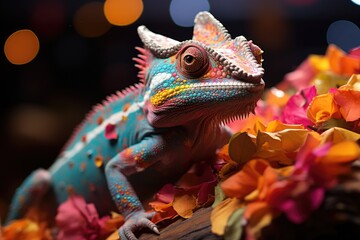 Chameleon on a background of colorful flowers close-up, advertising banner for a holiday agency