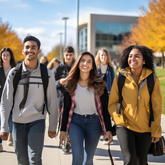 Harmony in Diversity: Multicultural Students Strolling on Campus - obrazy, fototapety, plakaty