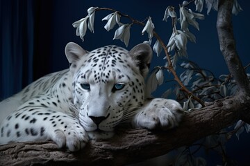 Photorealistic Illustration of a Majestic White Leopard Laying on a Branch of a Tree at Night. Generative AI.