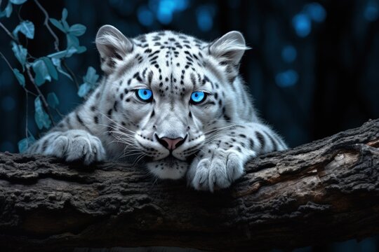 Photorealistic Illustration of a Majestic White Leopard Laying on a Branch of a Tree at Night. Generative AI.