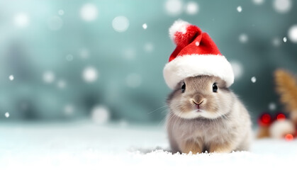 Winter Portrait of a little baby bunny with Santa's hat, rabbit on a white and snowy landscape, symbol of holidays and children's happiness, Christmas and New Year. Space for writing