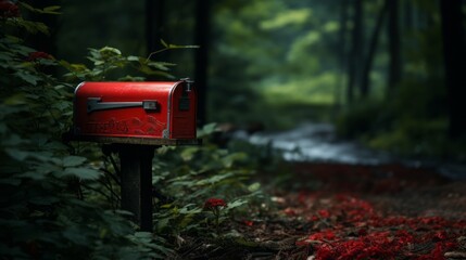 red post box in the forest ai generated - obrazy, fototapety, plakaty