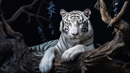 Obraz premium Photorealistic Illustration of Majestic White Tiger Laying on a Branch of a Tree at Night. Generative AI.