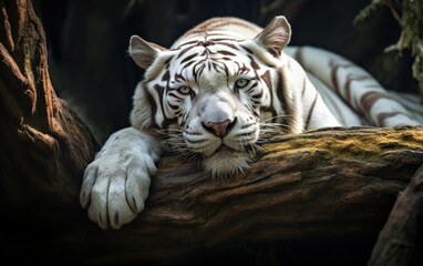 Photorealistic Illustration of Majestic White Tiger Laying on a Branch of a Tree at Night. Generative AI.
