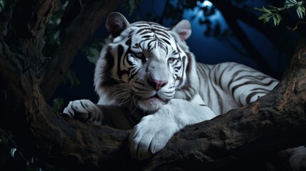 Photorealistic Illustration of Majestic White Tiger Laying on a Branch of a Tree at Night. Generative AI.