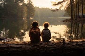 Children sitting on a log on lake shore - obrazy, fototapety, plakaty