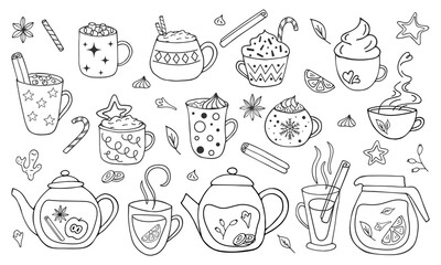 Set of cups and mugs with hot drinks. Hand drawn outline of warm coffee chocolate cocoa tea. Doodle illustration for cafe and coffee shop. Winte rdrink collection 