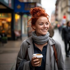 Red-haired woman sips coffee in Berlin, hailing taxi