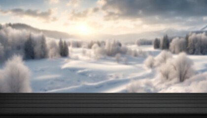 Empty black wood table top, front view, blurred winter sunrise in the mountains. Blank table in front, blurred xmas landscape. Clear product podium banner, defocus snow panorama. Generated by AI