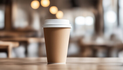 Brown paper cup for hot drinks on wood table top, blurred cafe background. Coffee to go banner generated by AI