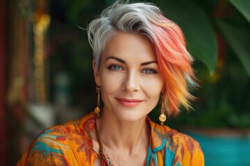 Portrait of a beautiful mid age woman. Smiling face of mature happy woman. Gray haired model with bright lifestyle. 40 years lady look at camera, generated by AI