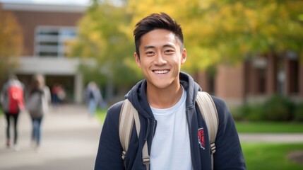 Portrait of a young Asian male university student outdoors