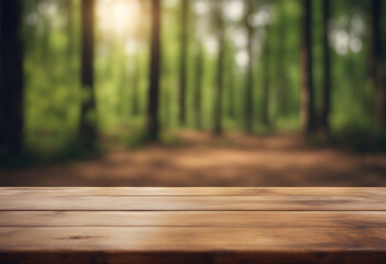 Brown wooden table top in front, blurred forest trees background. Empty picnic scene in summer forest. Horizontal banner generated by AI