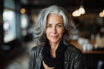 Happy mature gray haired woman face portrait. Beautiful mid age caucasian woman model, blurred restaurant background. Aged lady lifestyle, generated by AI - obrazy, fototapety, plakaty