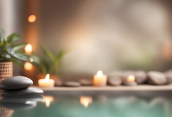 Candles in spa, blurred relaxation room background. Romantic pool backdrop. Generated by AI