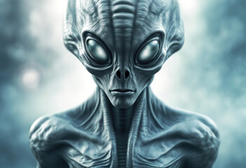 Alien face portrait, close up view. Humanoid character look at camera. UFO secret files banner. Alien with big eyes, generated by AI - obrazy, fototapety, plakaty
