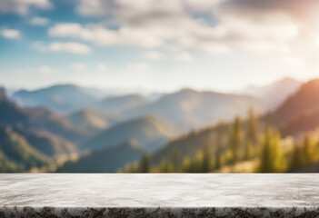 Marble table top front view, close up, blurred mountains landscape background. Empty stone table in front, blurred forest hills backdrop. Blank nature scene, generated by AI - Powered by Adobe
