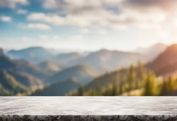Papier Peint photo Lavable Montagnes Marble table top front view, close up, blurred mountains landscape background. Empty stone table in front, blurred forest hills backdrop. Blank nature scene, generated by AI