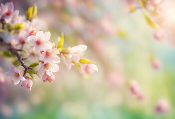 Pink cherry blossom background. Blurred sakura tree branch banner. Spring beautiful landscape, generated by AI