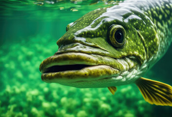 Wild pike face, underwater view. Big freshwater fish look at camera. Fishing banner generated by AI