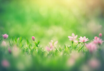 Spring blurred background. Little pink flowers in the grass, macro view. Horizontal green cute meadow, generated by AI