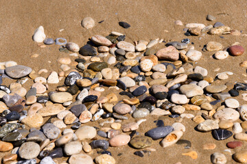 Smooth colorful wet pebble stones background on the beach.