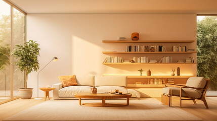 Modern, cozy room interior with shelves for books.