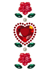 Isolated romantic stickers for Valentine's Day: red crystal heart, flowers, pearls and rhinestones. Greeting card. Love and romantic concept.