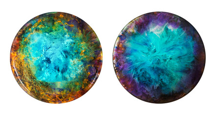 Epoxy resin galaxy pendant, resin art in alcohol ink technique, front and back view. Fashion jewelry, handicraft.
