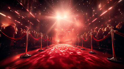 red carpet with a stage and a concert hall - obrazy, fototapety, plakaty