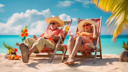 happy mature woman with husband in straw hat sitting on chair on beach