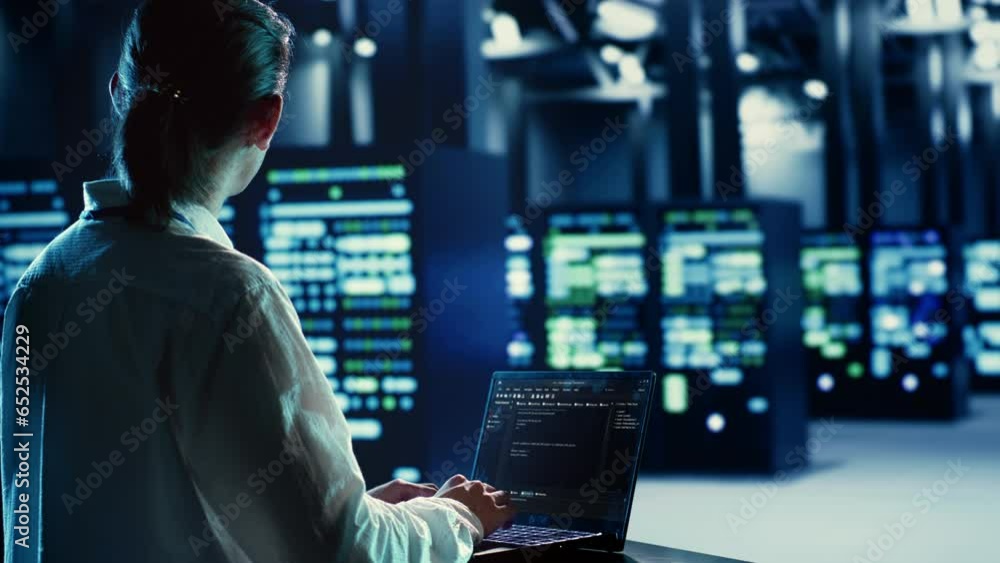 Poster certified admin running code and programming on laptop, troubleshooting and upgrading server hub equ