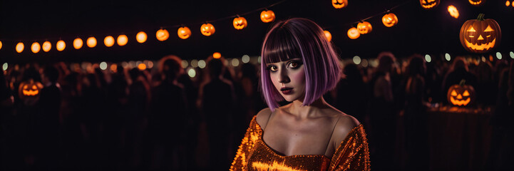 Young woman dressed up at a Halloween party with a blurred background banner