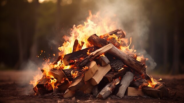Pile of burning wood nature background. AI generated image