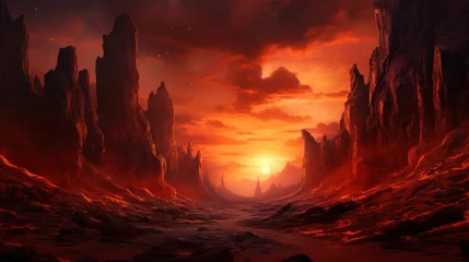 Foto op Plexiglas Breathtaking canyon sunset, spooky rock formations Game Art © Damian Sobczyk