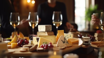 In a grand chateau, a group of connoisseurs immerse themselves in an aweinspiring wine and cheese tasting orchestrated by a sommelier, their conversations whispered with admiration and their