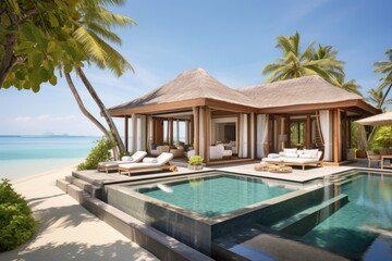 Obraz premium Discreetly nestled on a sunkissed corner of paradise, an iconic private villa emerges, where whispers of indulgence ride the gentle sea breeze, luring you into a world of sumptuous bliss.
