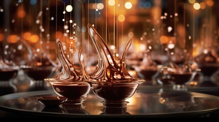 Amidst an ethereal space adorned with crystalline candelabras, an avantgarde artist unravels the complex symphony of artisanal chocolate, fusing innovative textures and avantgarde flavors - obrazy, fototapety, plakaty