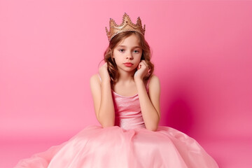 Obraz na płótnie Canvas Pretty young girl posing in a princess dress on a pink studio background. Generative AI