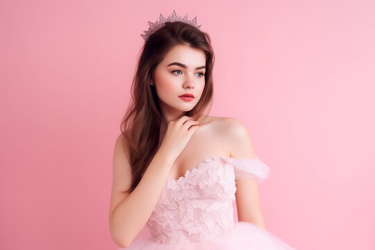 Beautiful young girl posing in a princess dress on a pink studio background. Generative AI