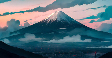 Majestic Mount Fuji at Sunset, digital art painting created using generative AI.