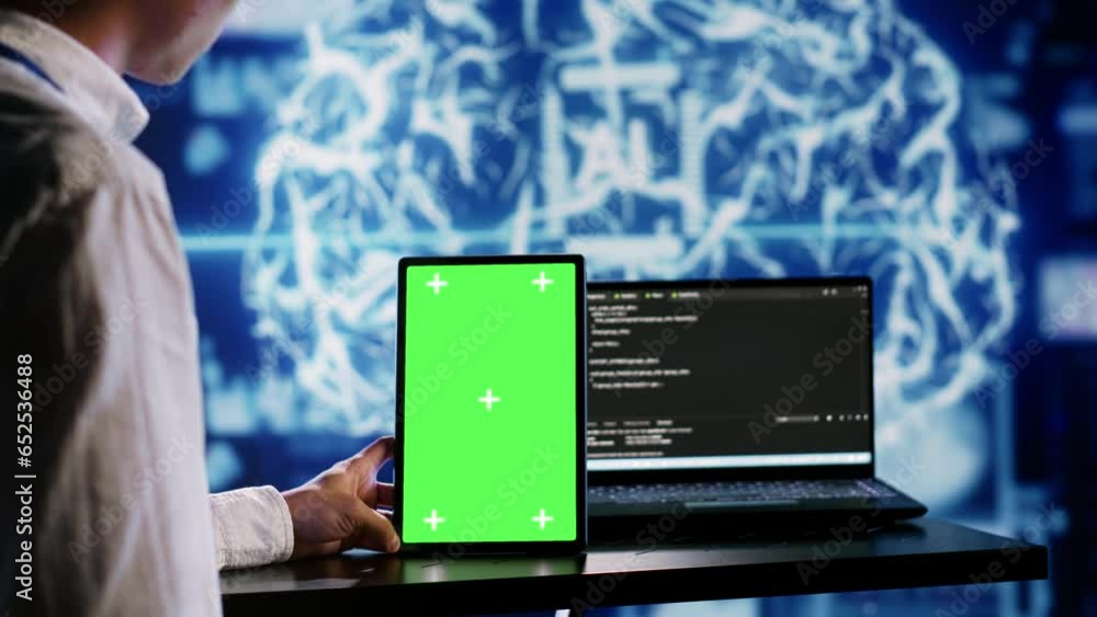 Poster certified admin using green screen tablet to write artificial intelligence script code in startup wo