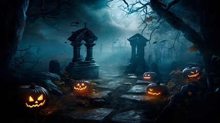 Halloween background. Halloween wallpaper with pumpkins, spooky houses and ghosts. Generative AI
