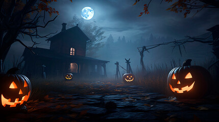 Halloween background. Halloween wallpaper with pumpkins, spooky houses and ghosts. Generative AI