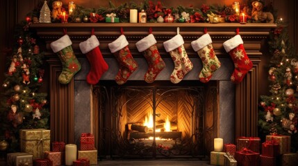 Fireplace with Christmas stockings and decorations - obrazy, fototapety, plakaty